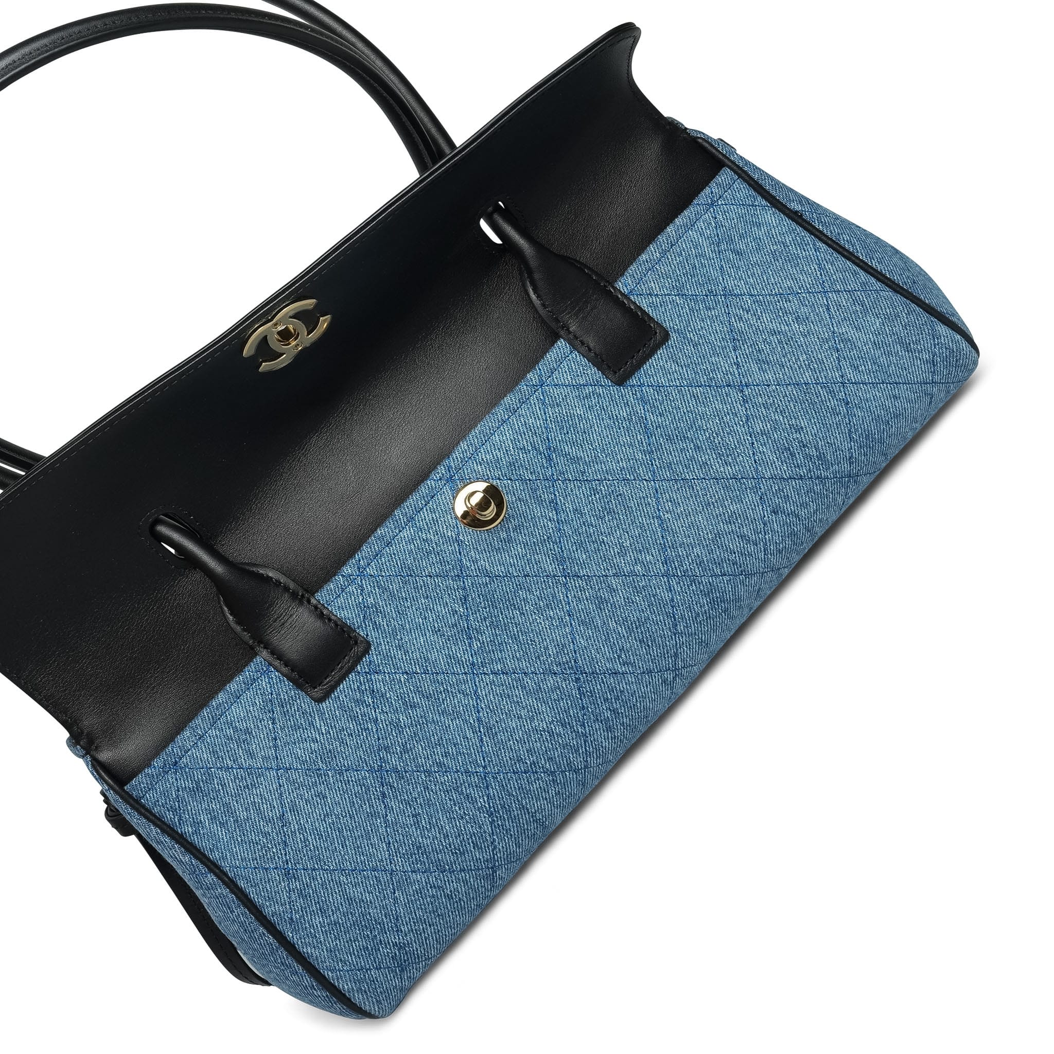 Product image 14 of 16: 26A Black Calfskin/ Denim Quilted Urban Essentials Shopping Bag Small Gold Hardware