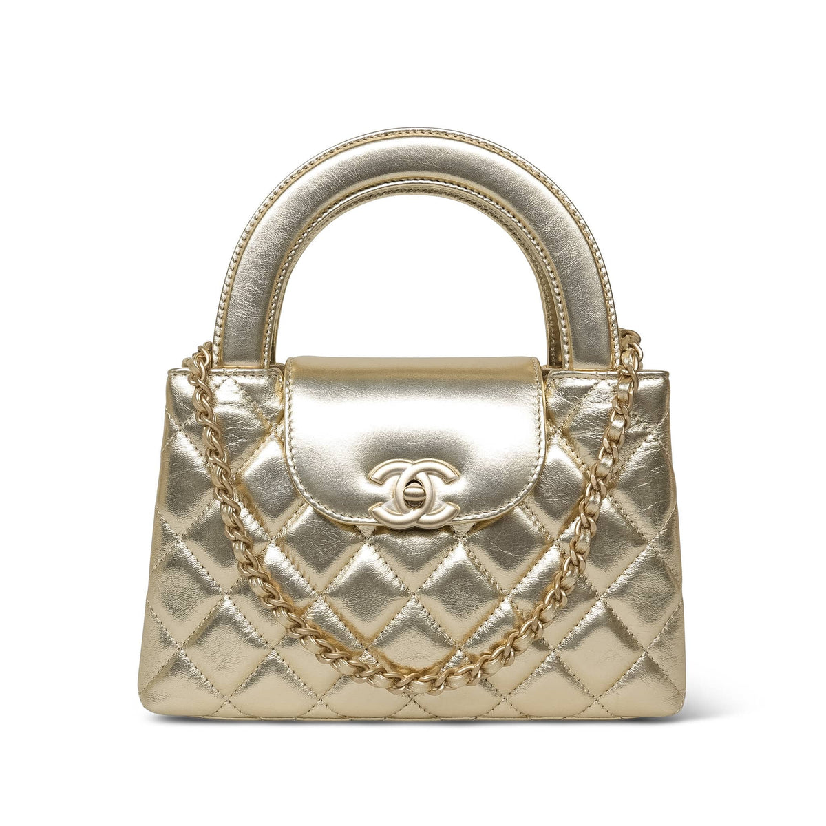 Gold Metallic Crumpled Calfskin Quilted Kelly Shopper Small Aged Gold Hardware