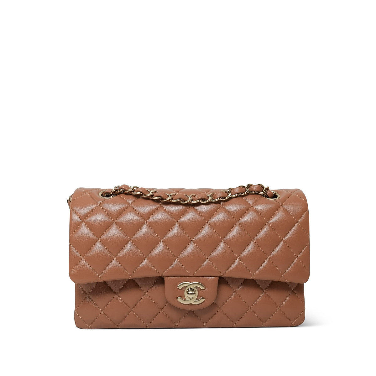Caramel Lambskin Quilted Medium Classic Flap Light Gold Hardware