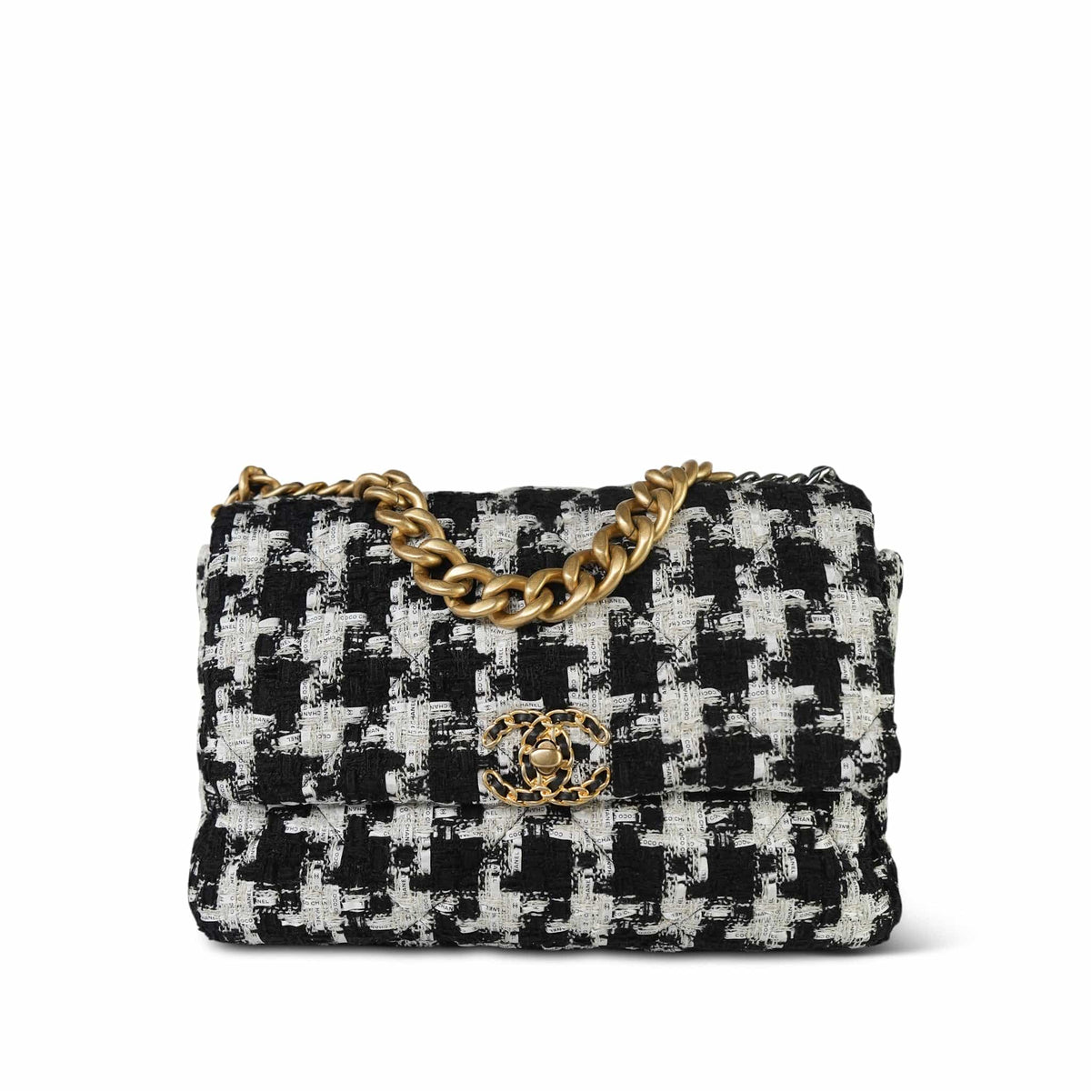 Black White Ecru Houndstooth Tweed Quilted Large 19 Flap MHW