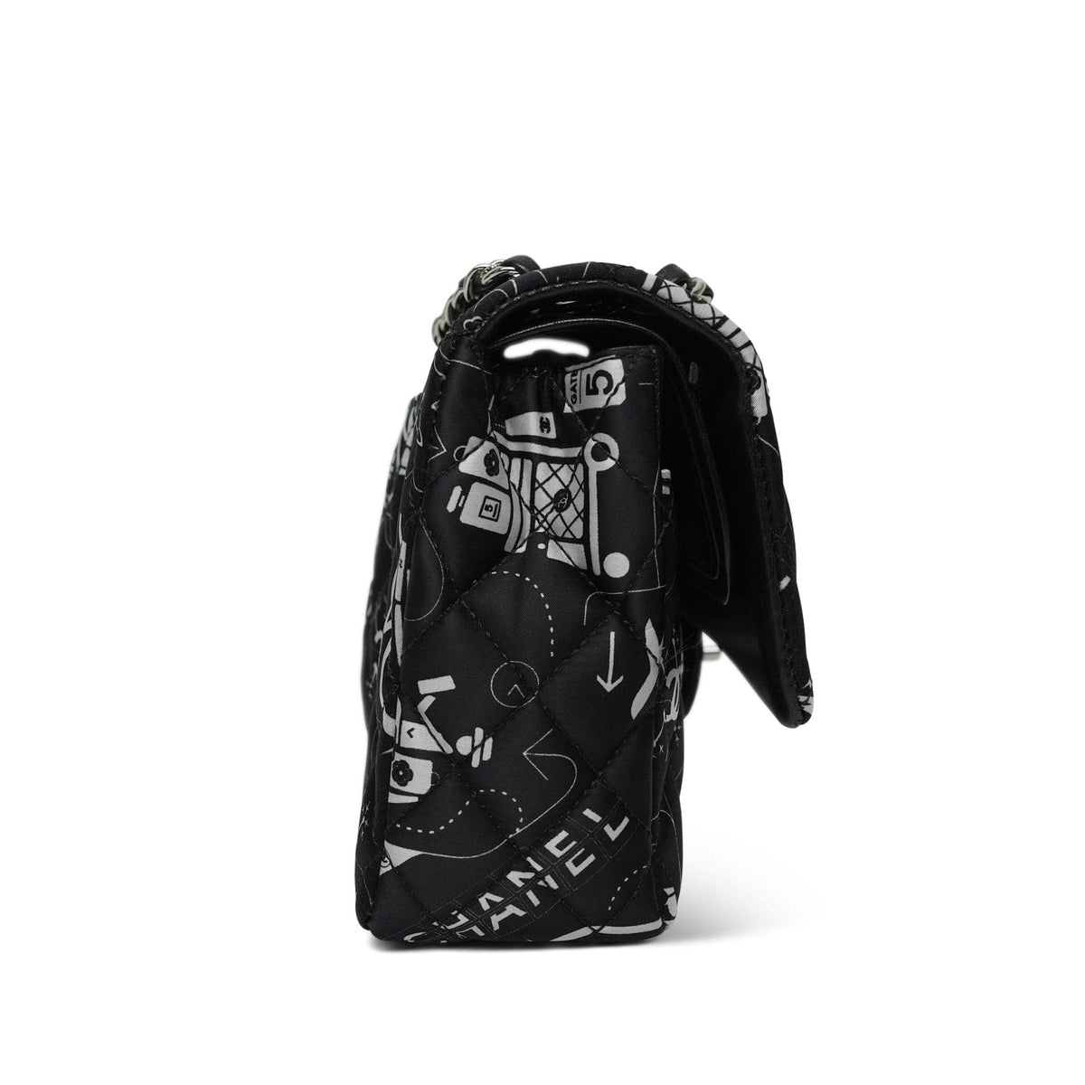Black White Airline Printed Satin Classic Flap Medium Silver Hardware