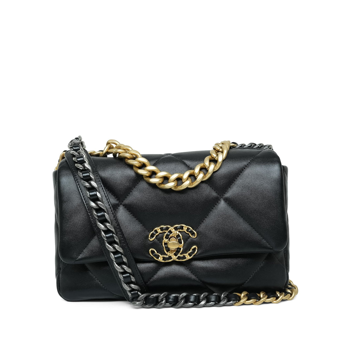 Black Lambskin Quilted Small 19 Flap Mixed Hardware