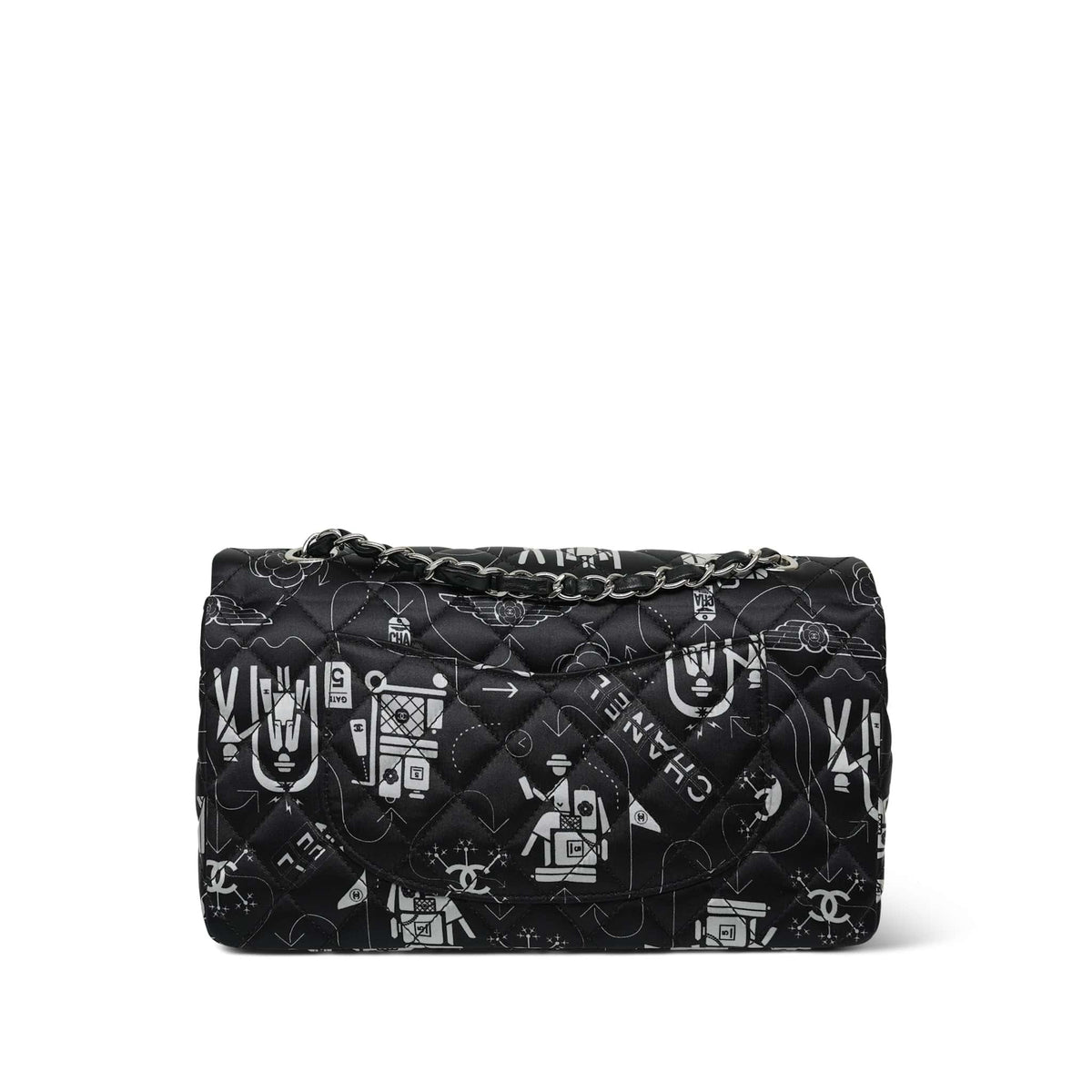 Black White Airline Printed Satin Classic Flap Medium Silver Hardware