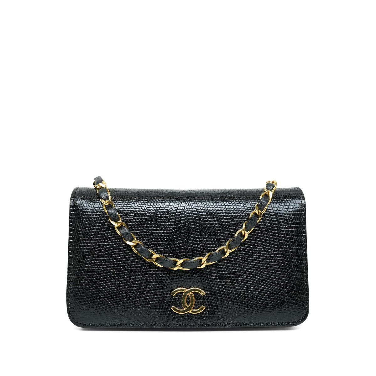 Black Lizard Full Flap Bag Gold Hardware