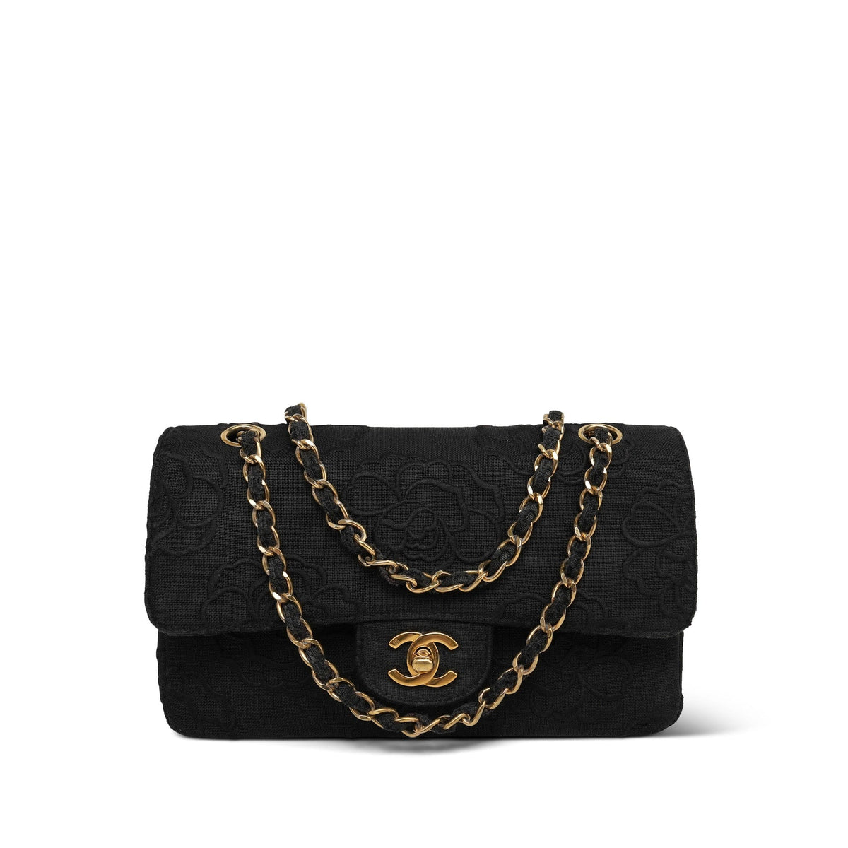 Black Canvas Camellia Classic Flap Small Gold Hardware
