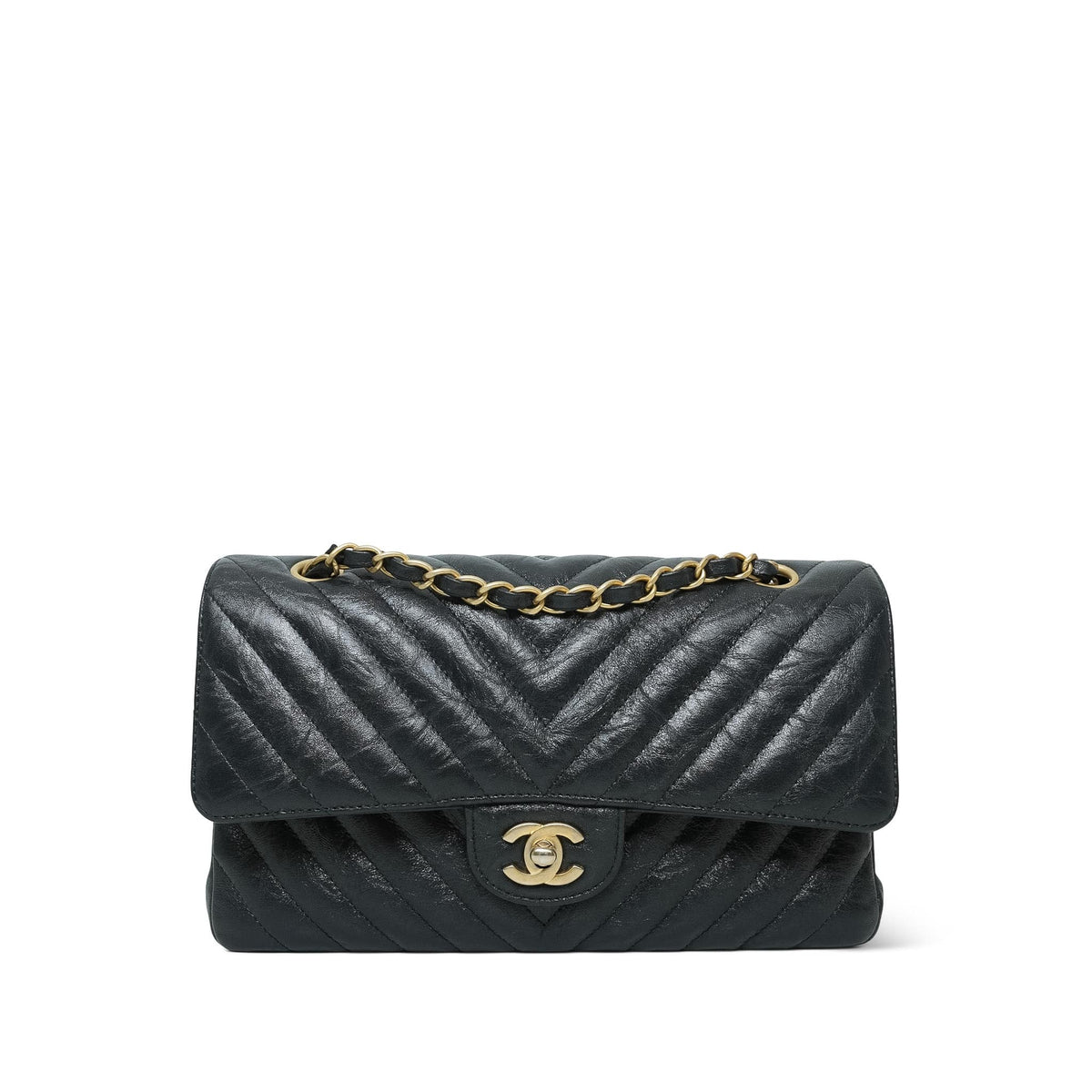 18B Metallic Charcoal Crumpled Calfskin Chevron Classic Flap Medium AGHW