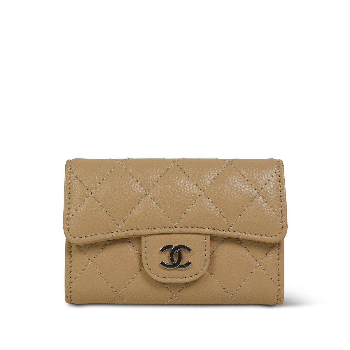 Beige Caviar Quilted Classic Flap Card Holder Silver Hardware