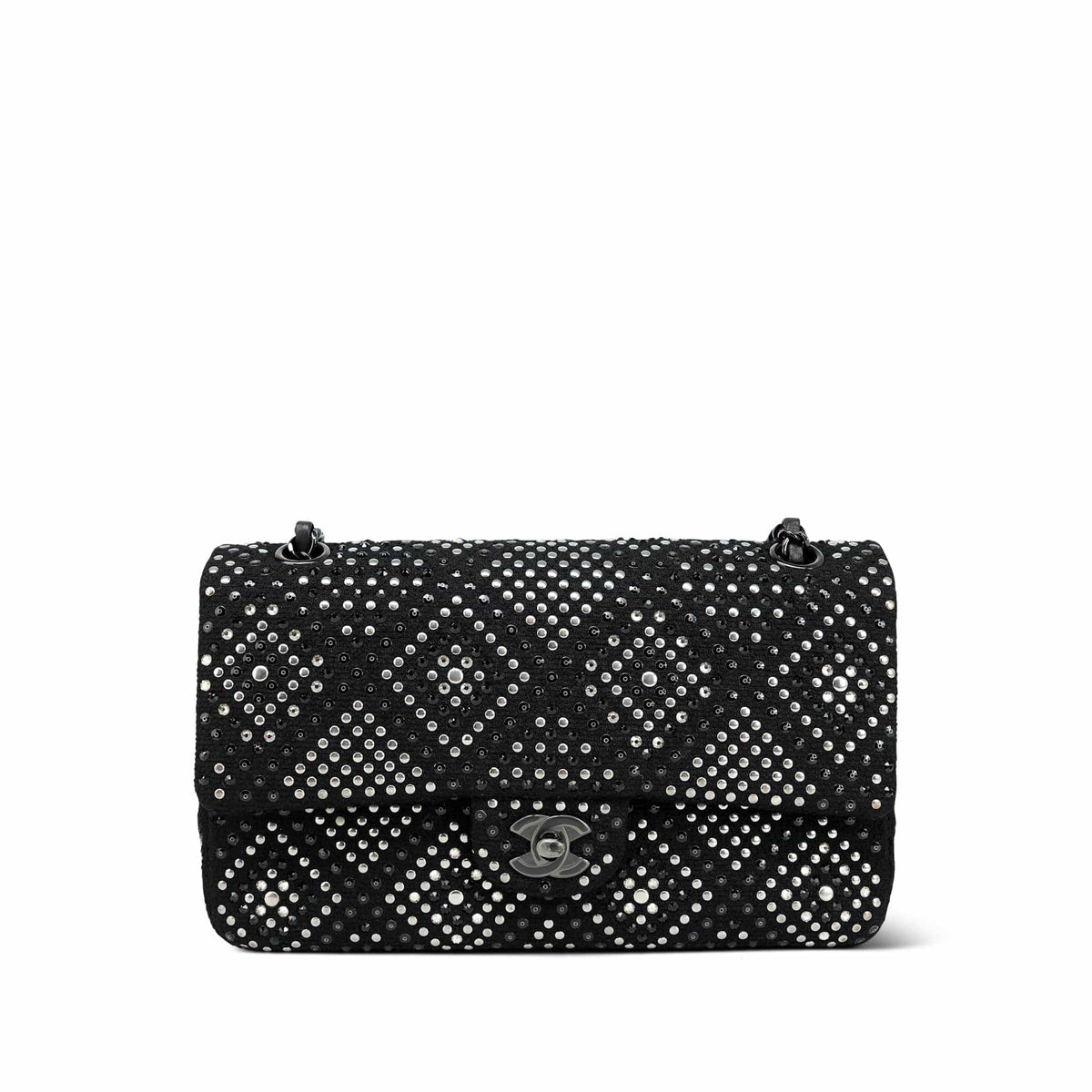 Black/Silver Strass Swarovski Crystal Black Tweed Quilted Medium Classic Flap Black Hardware