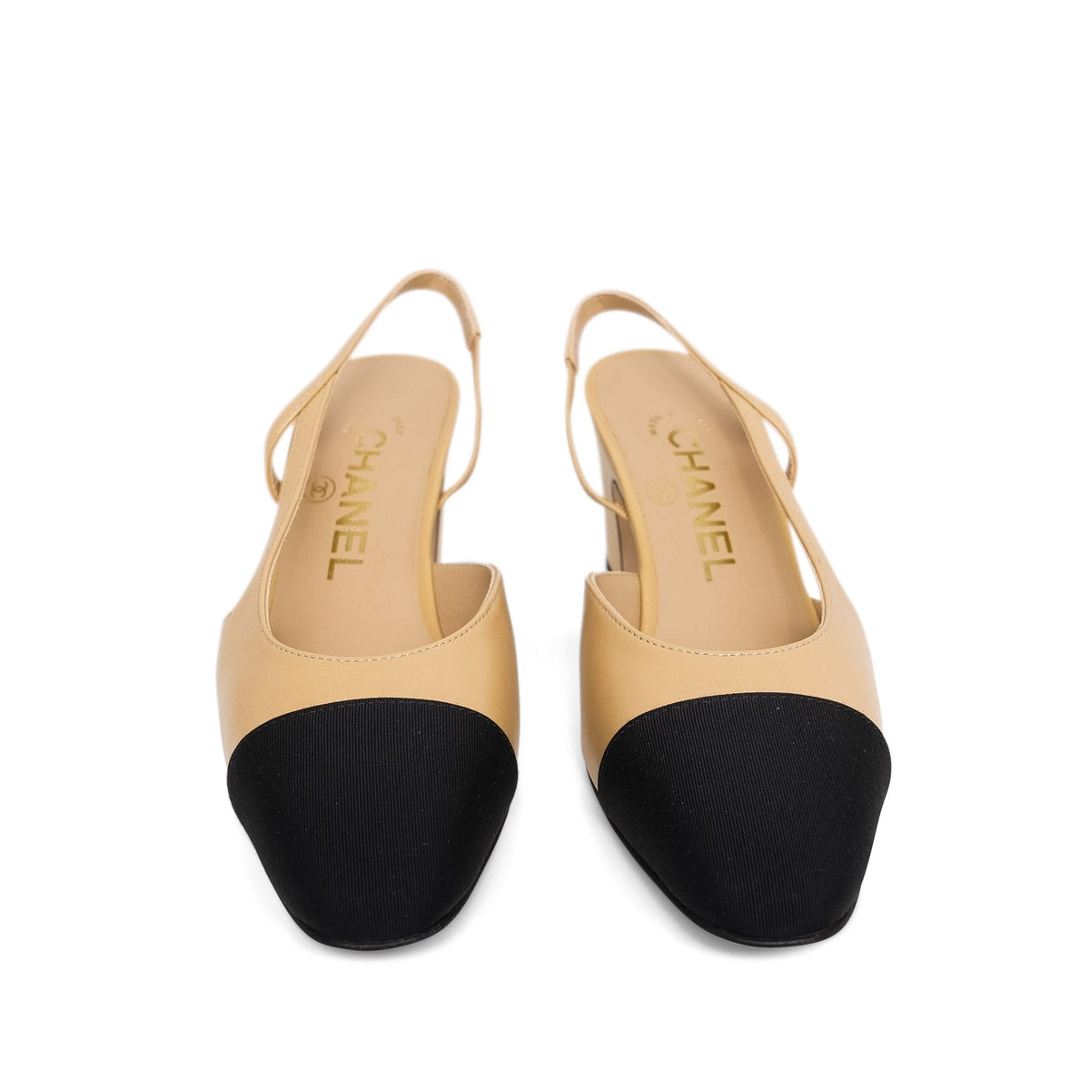 Chanel Beige Black Goatskin Grosgrain Cap Toe CC Slingback Pumps Size 35