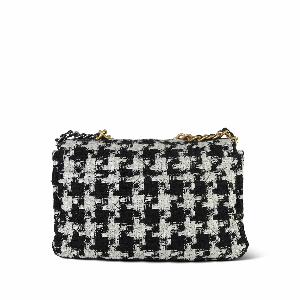 Black White Ecru Houndstooth Tweed Quilted Large 19 Flap MHW