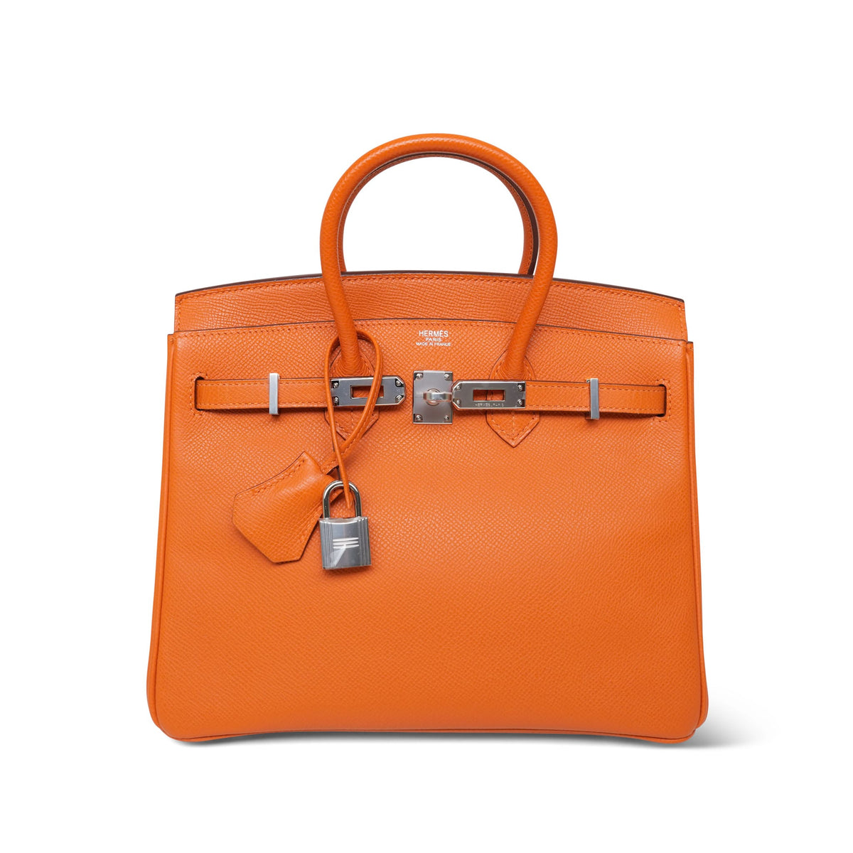 Birkin 25 Orange Epsom Palladium Plated L Square Stamp