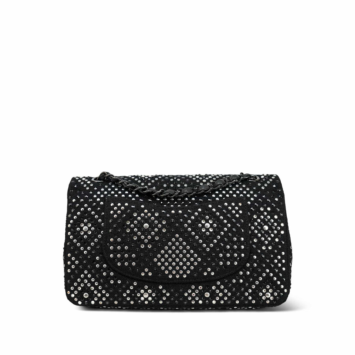 Black/Silver Strass Swarovski Crystal Black Tweed Quilted Medium Classic Flap Black Hardware