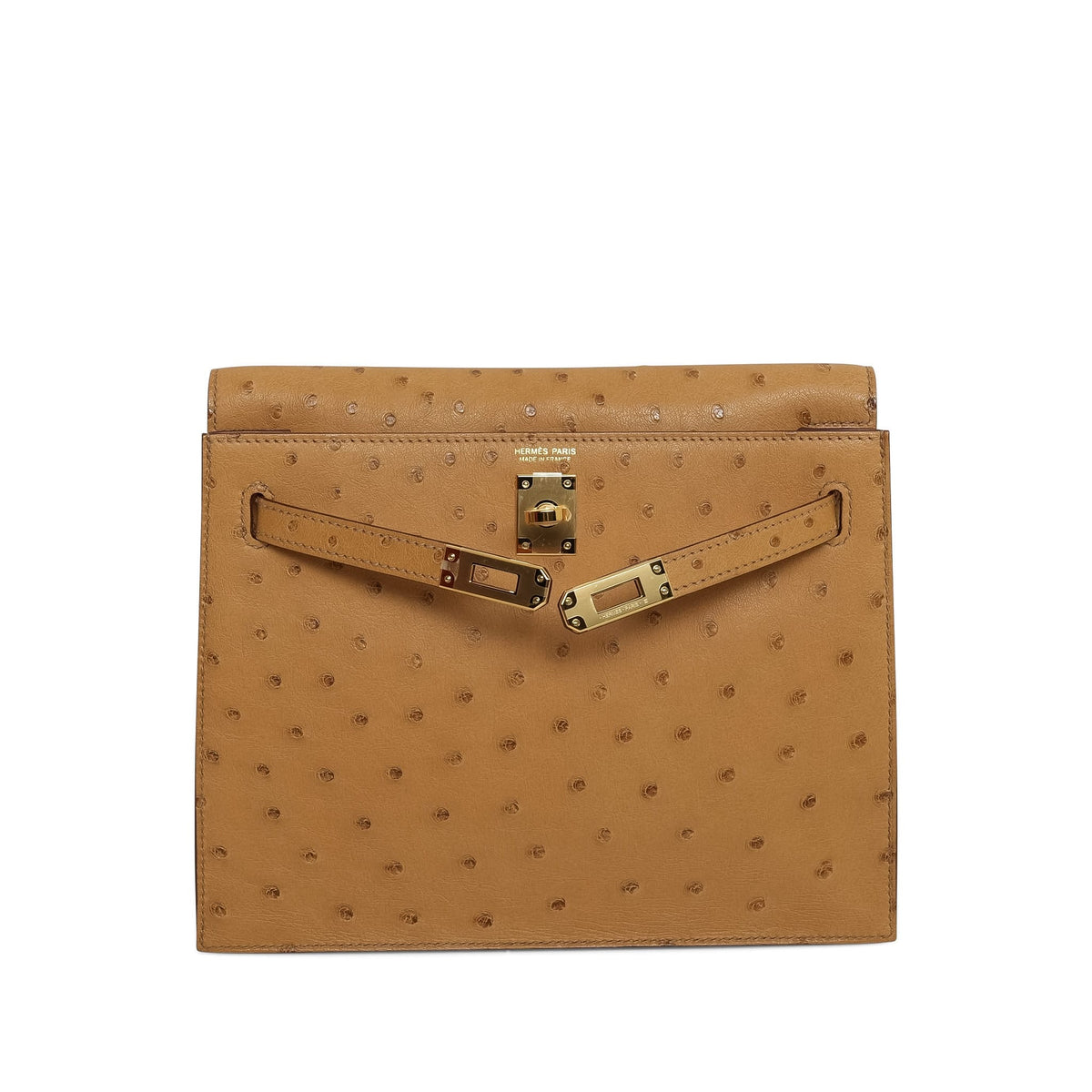 Kelly Danse Tabac Camel Ostrich Gold Plated G Stamp