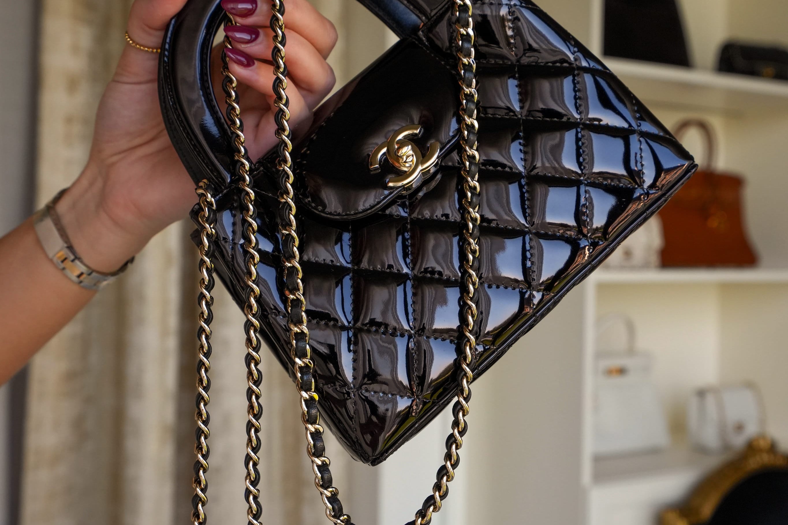 Product image 10 of 15: 26C Black Patent Quilted Kelly Shopper Small Light Gold Hardware