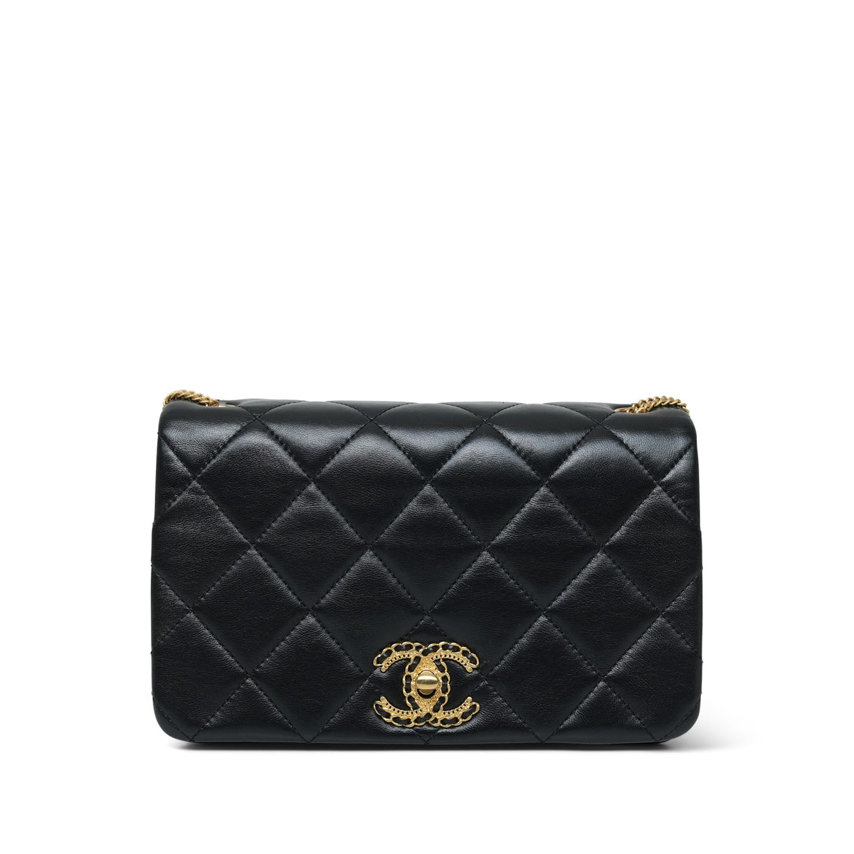 Black Lambskin Quilted On And On Chain Full Flap Bag Small AGHW