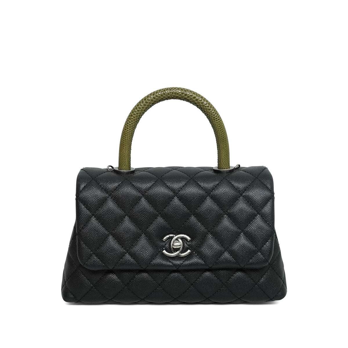 Black Caviar Quilted Green Lizard Embossed Coco Handle Small Ruthenium Hardware