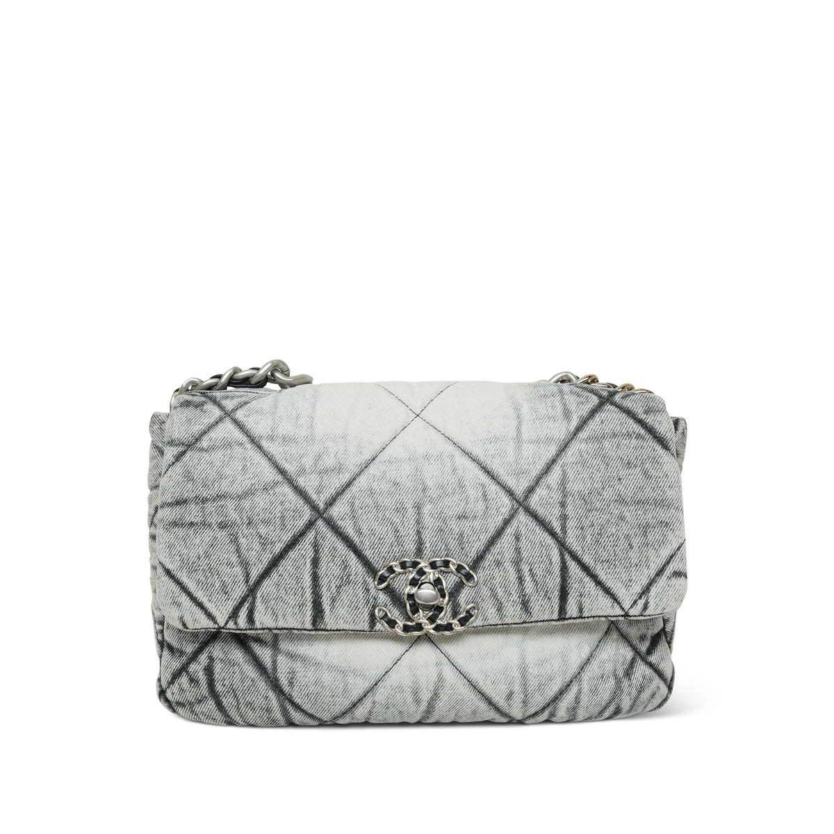 Black White Washed Denim Quilted Medium 19 Flap MHW