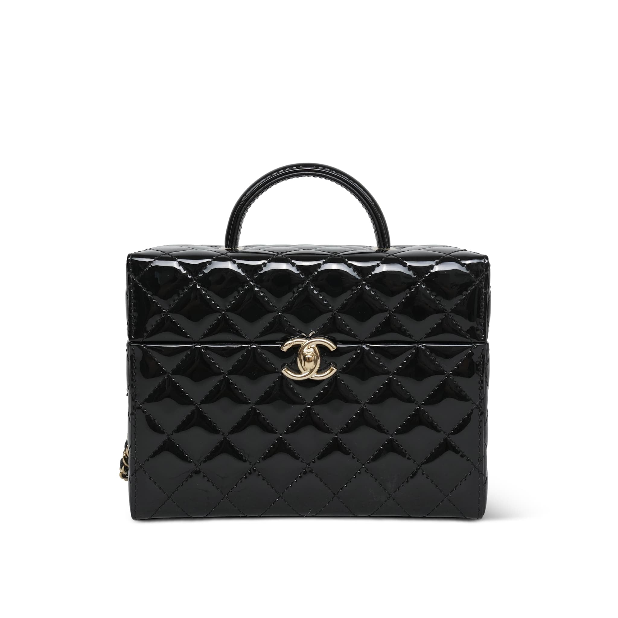 Black Patent Quilted Top Handle Box Vanity On Chain LGHW