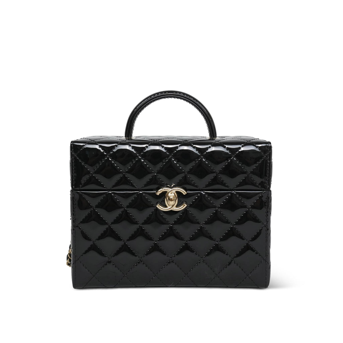 Black Patent Quilted Top Handle Box Vanity On Chain LGHW