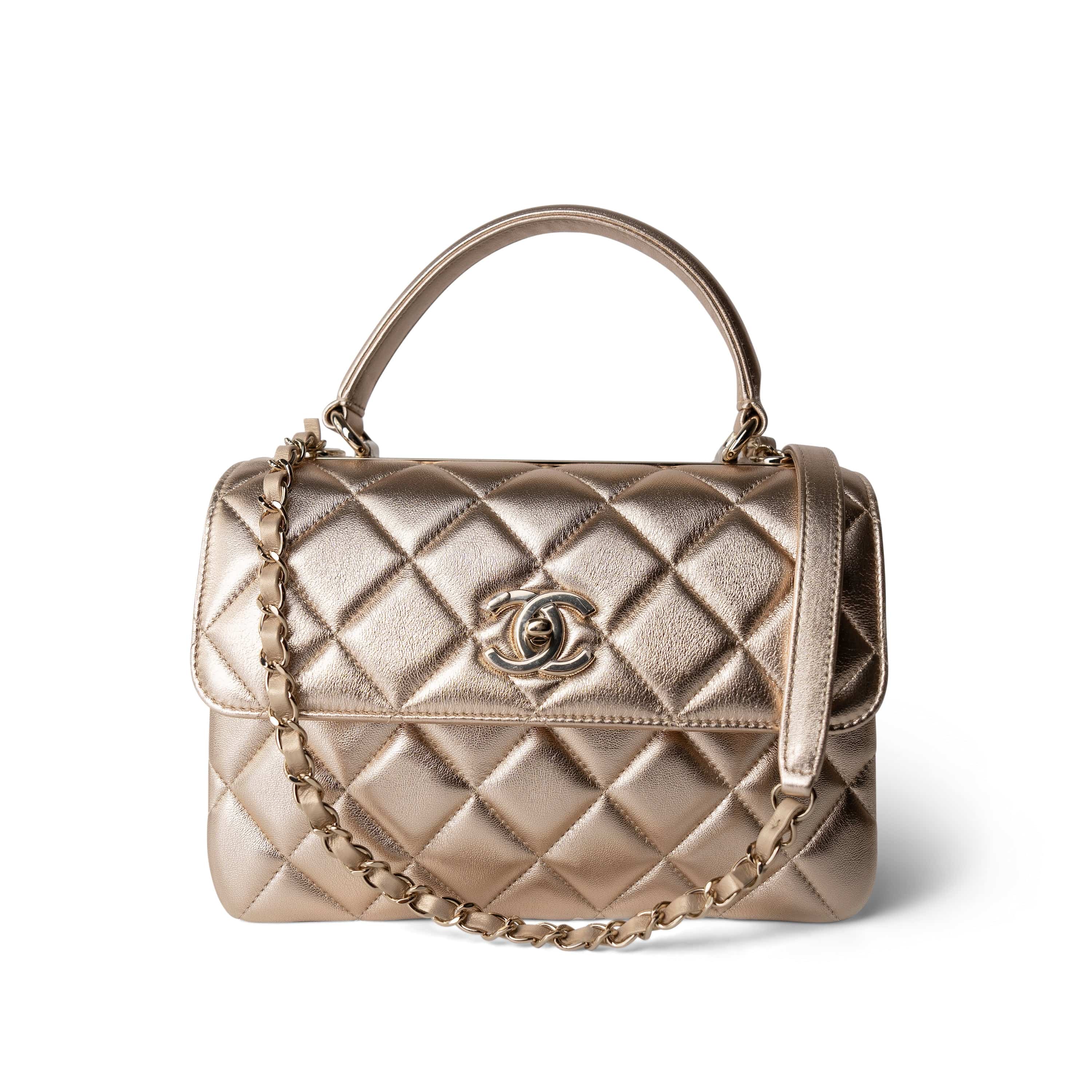 21S Gold Metallic Lambskin Quilted Trendy CC Small Light Gold