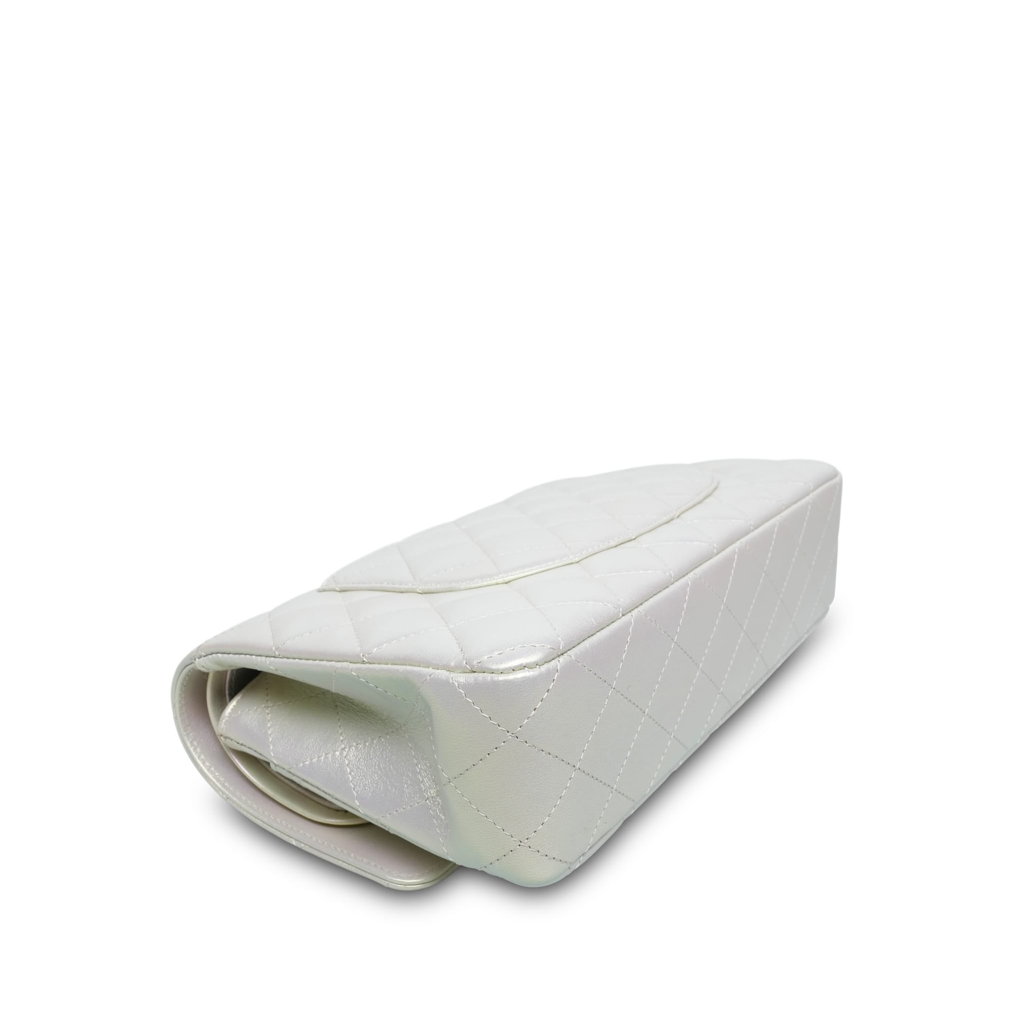 Product image 12 of 16: 20B White Iridescent Calfskin Quilted Classic Flap Medium Light Gold Hardware