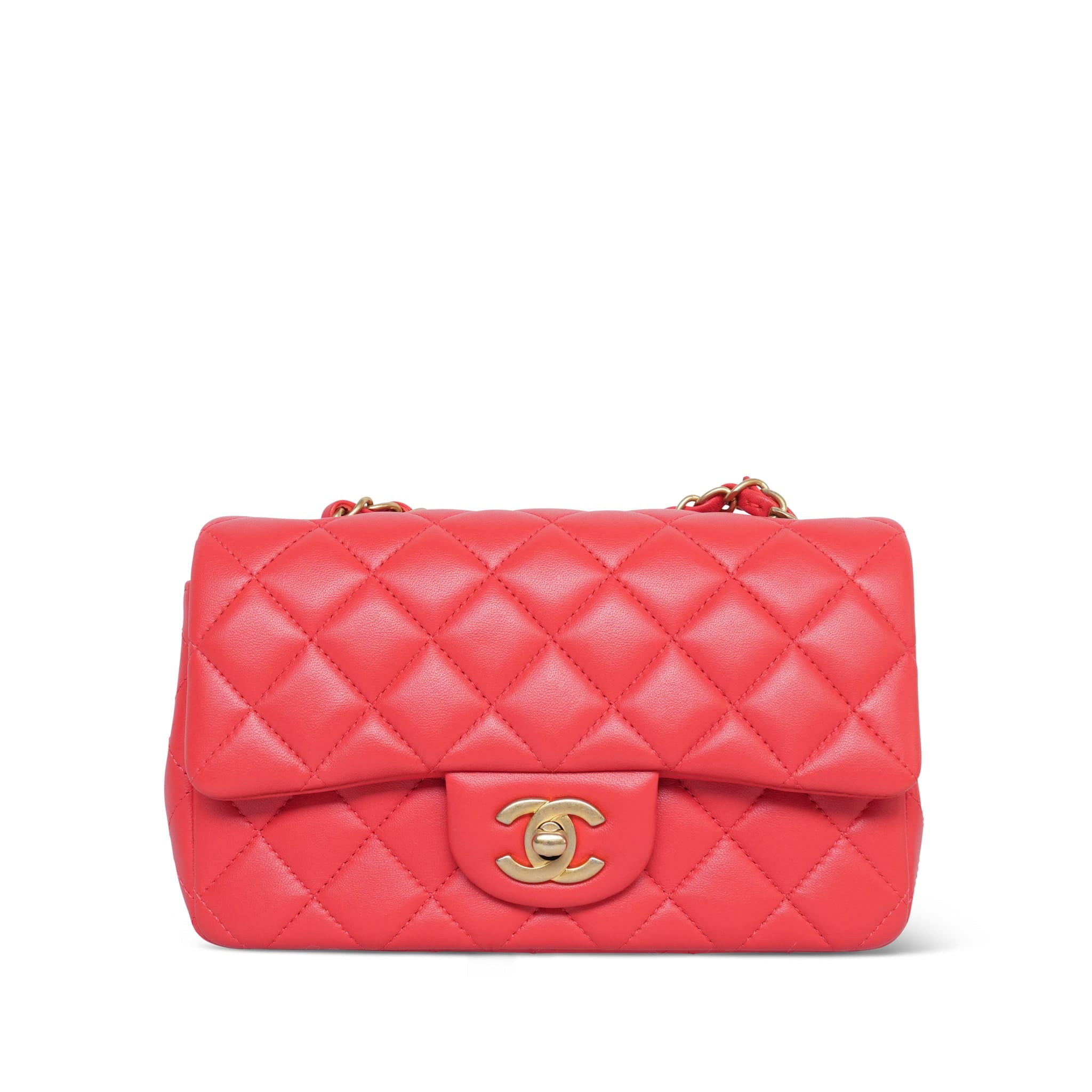 Light Red/Coral Lambskin Quilted Mini Rectangular Flap Aged Gold Hardware