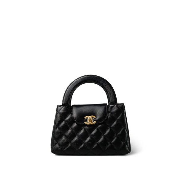 Black Shiny Aged Calfskin Quilted Nano Kelly Shopper Aged Gold