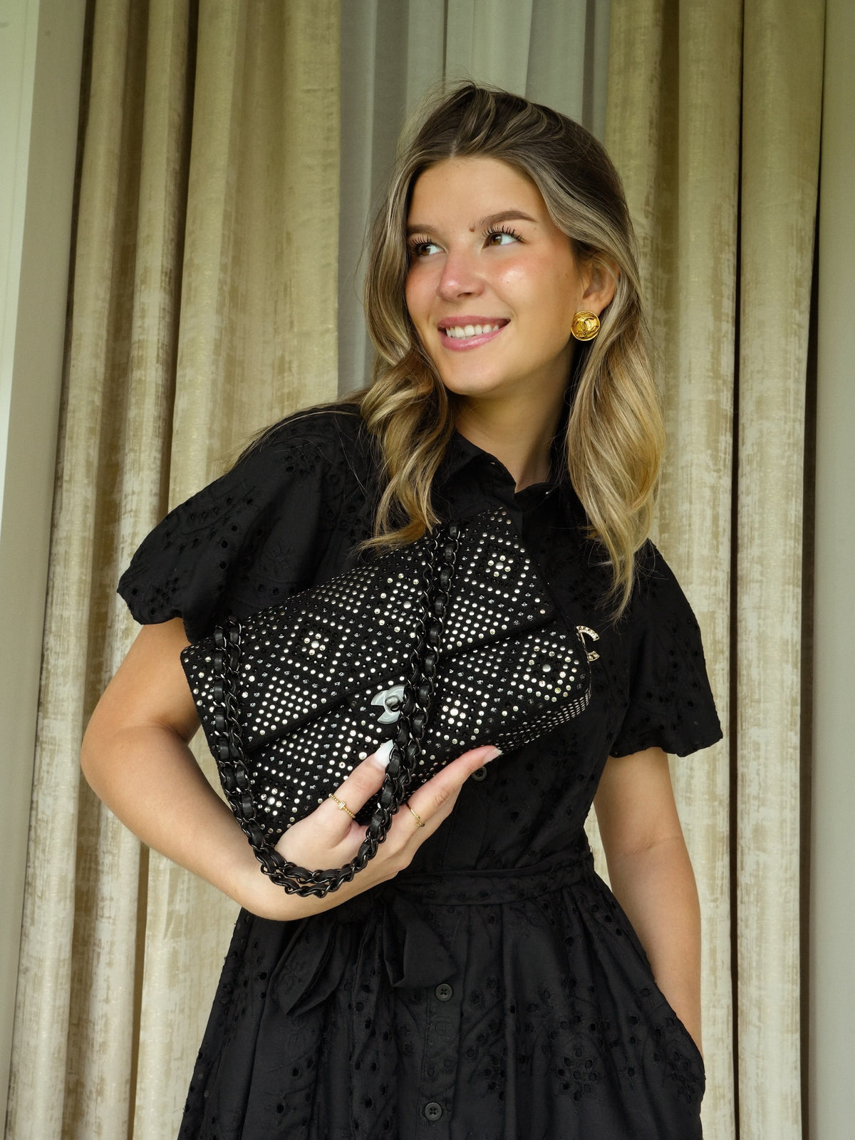 Black/Silver Strass Swarovski Crystal Black Tweed Quilted Medium Classic Flap Black Hardware