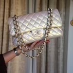 Product image 10 of 16: 20B White Iridescent Calfskin Quilted Classic Flap Medium Light Gold Hardware