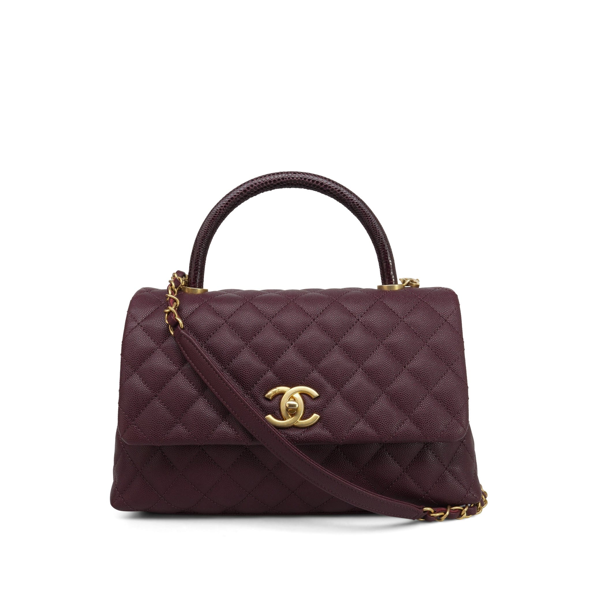 17B Burgundy Caviar Quilted Lizard Coco Handle Medium Aged Gold