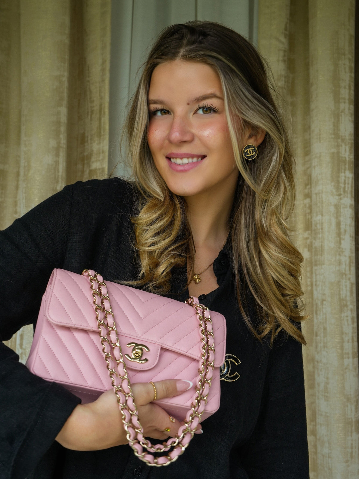 21S Sakura Pink Chevron Classic Flap Small Light Gold Hardware