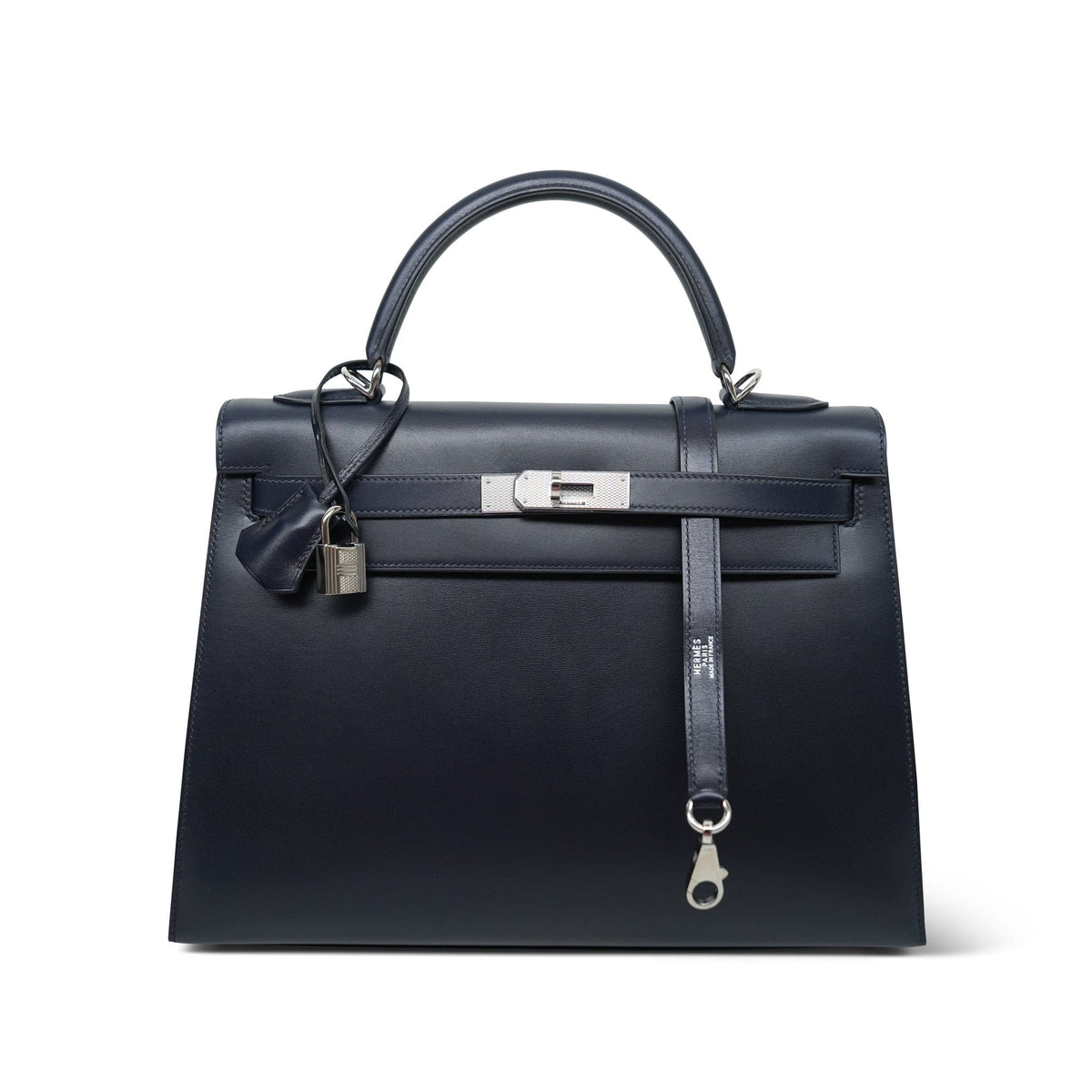 Kelly Sellier 32 Navy Box Calfskin Guilloche Palladium Plated G Square