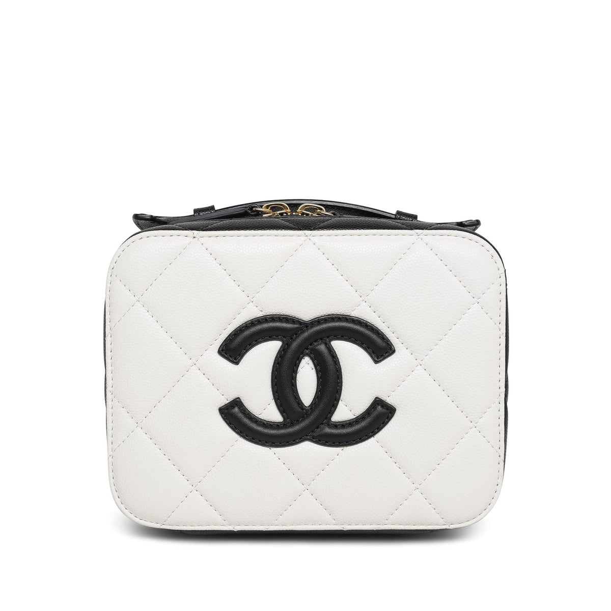 26B White Black Caviar Quilted CC Filigree Vanity Case Small Gold Hardware