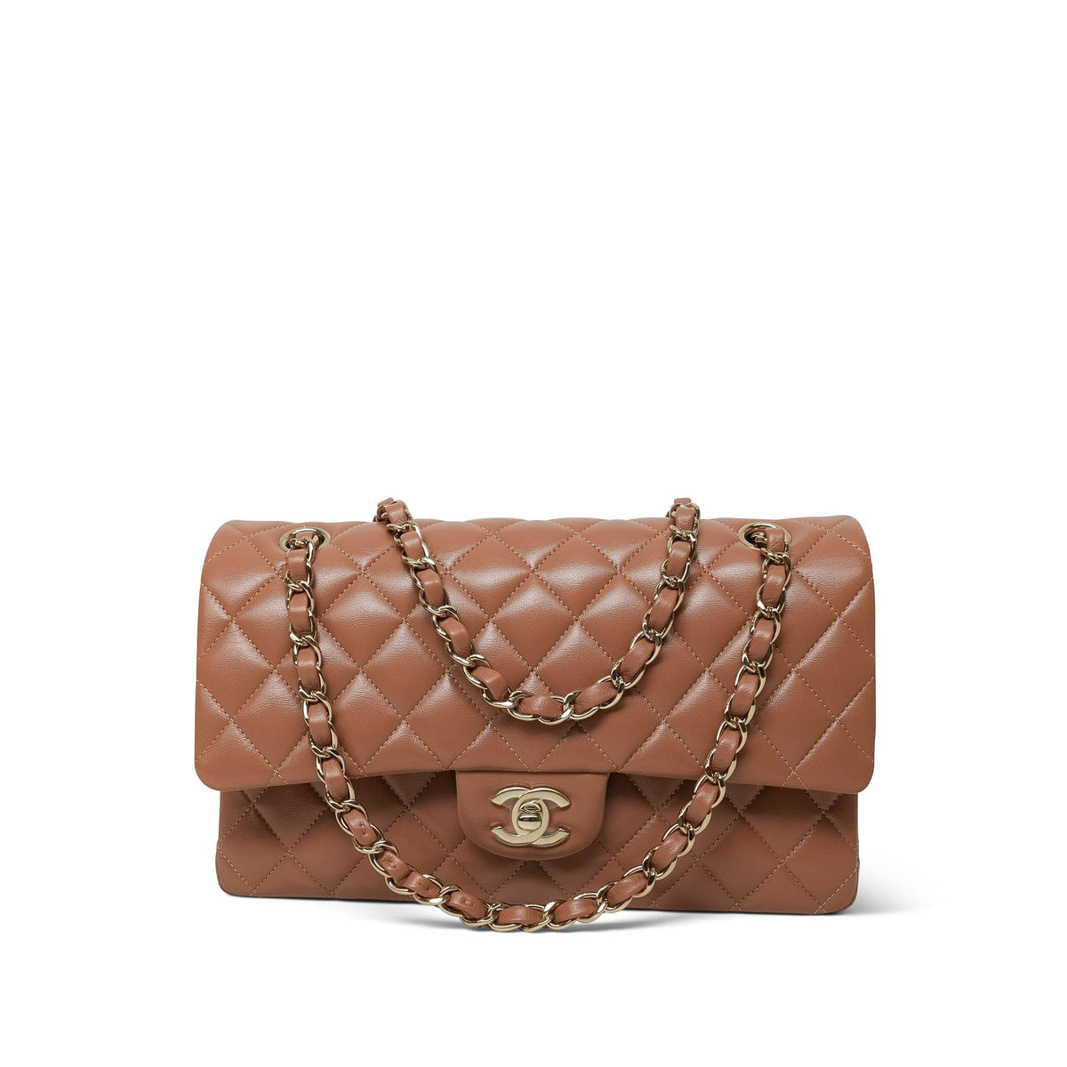 Caramel Lambskin Quilted Medium Classic Flap Light Gold Hardware