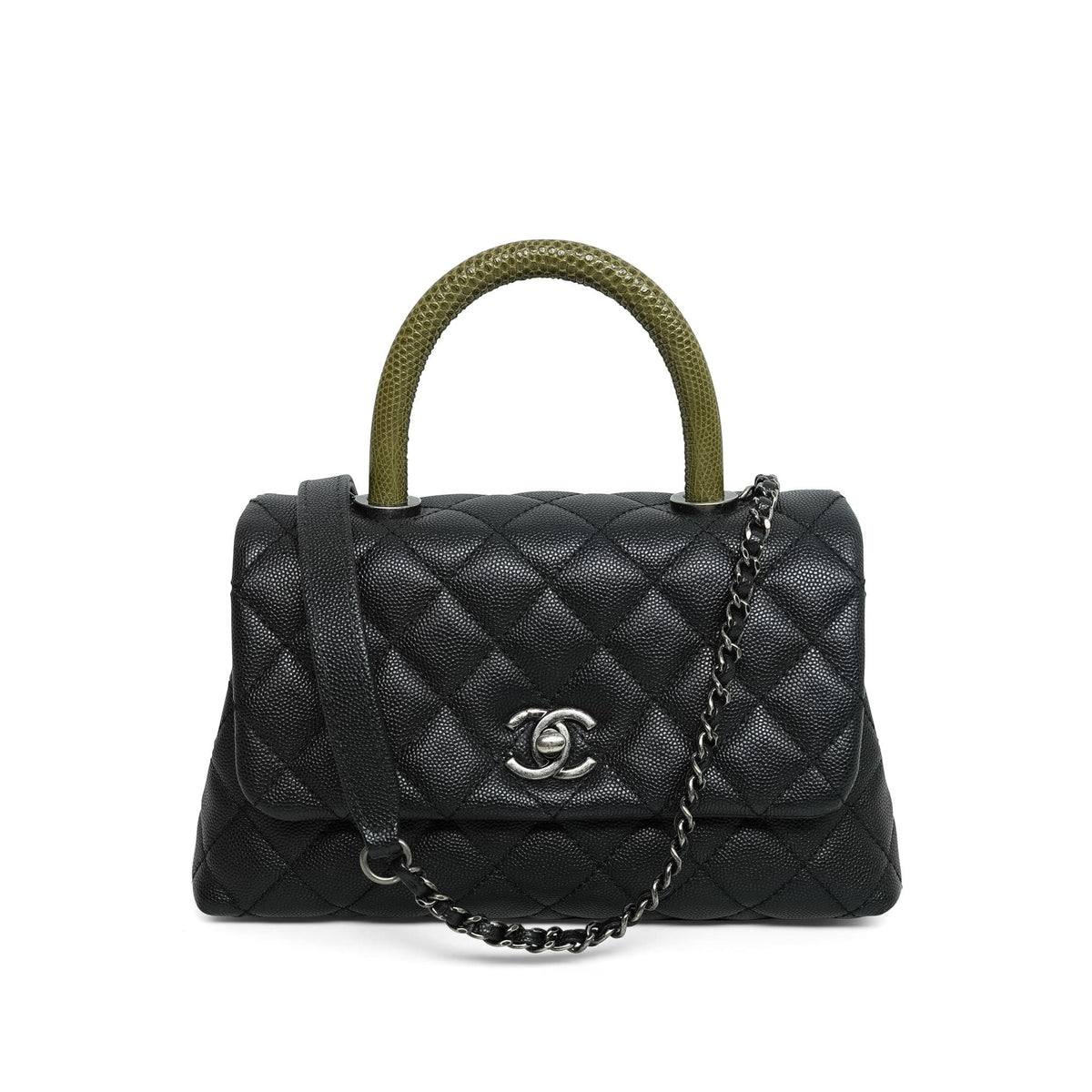 Black Caviar Quilted Green Lizard Embossed Coco Handle Small Ruthenium Hardware