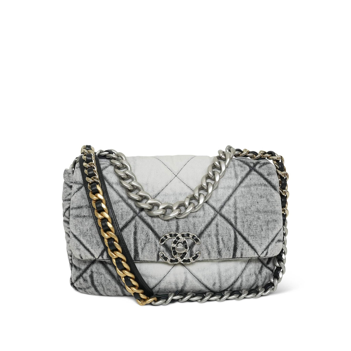 Black White Washed Denim Quilted Medium 19 Flap MHW