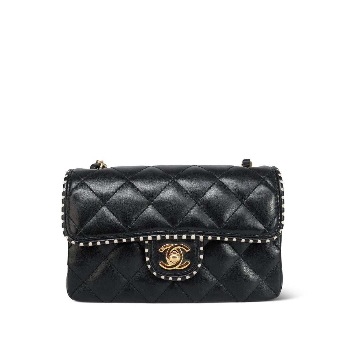 Black Lambskin Quilted White Perforated Edge Mini Rectangular Flap LGHW
