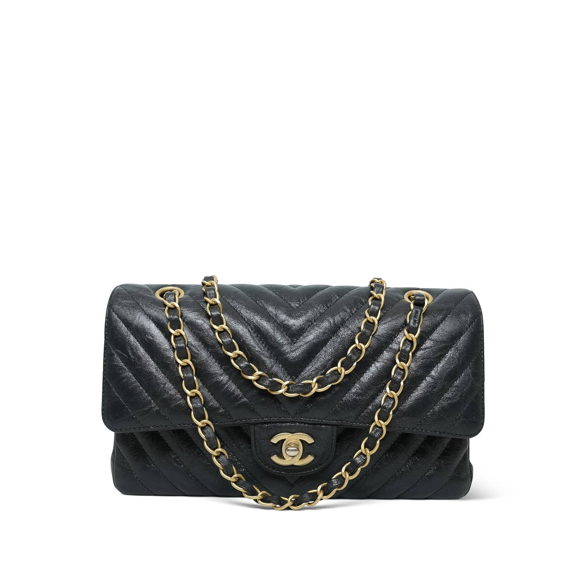 18B Metallic Charcoal Crumpled Calfskin Chevron Classic Flap Medium AGHW