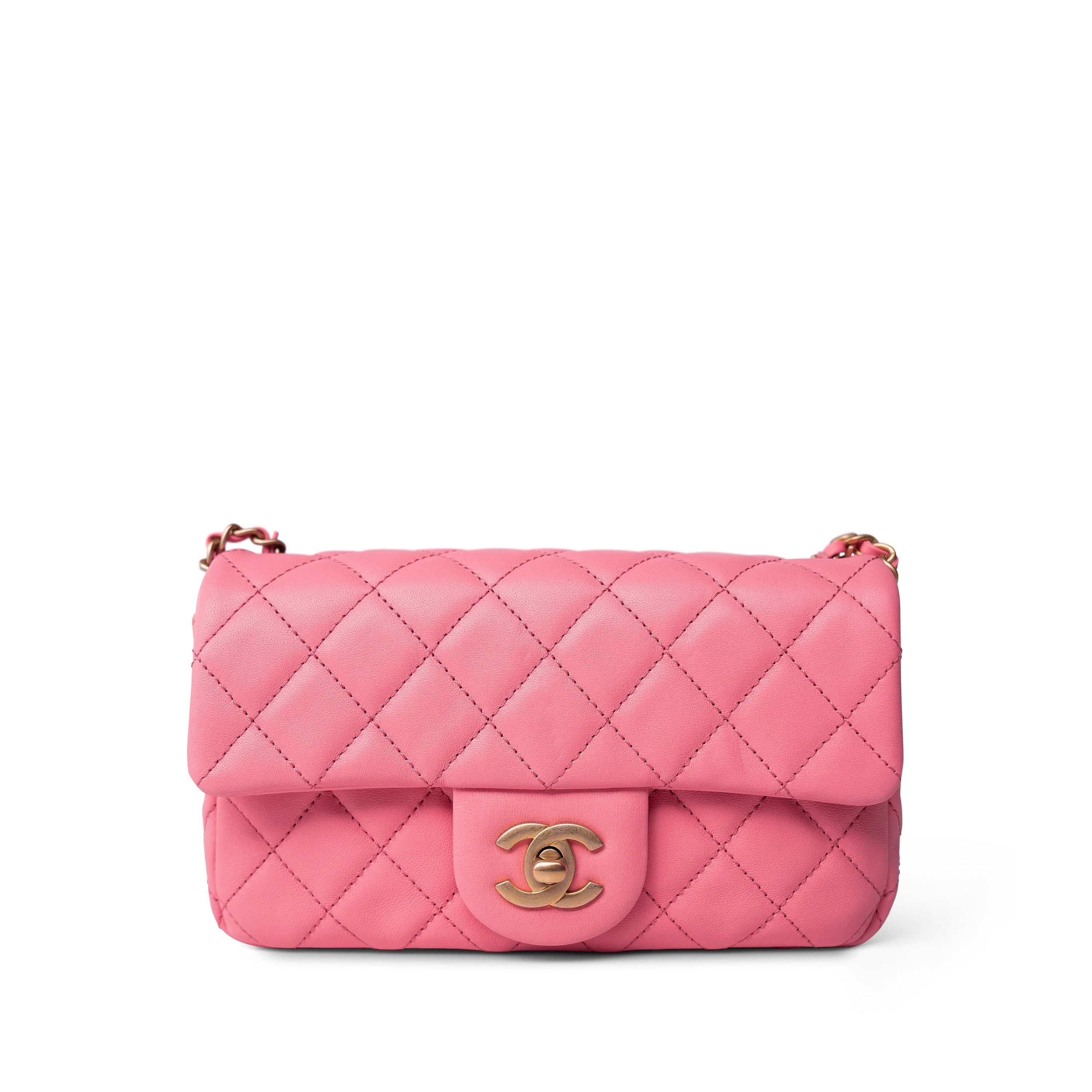22S Pink Lambskin Quilted Mini Rectangular Pearl Crush Antique