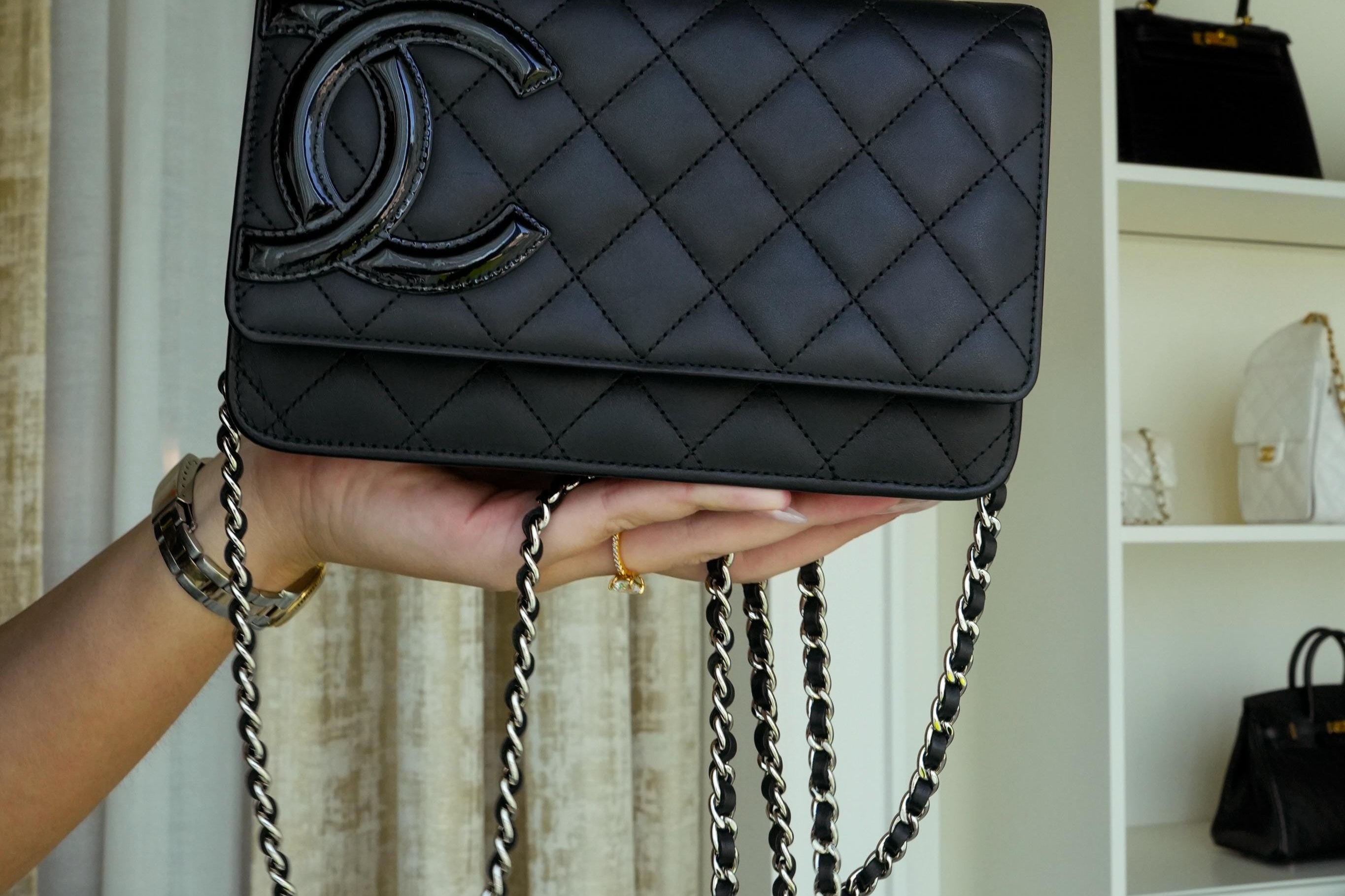 Product image 10 of 27: Black Lambskin Quilted Cambon Wallet on Chain WOC Silver Hardware