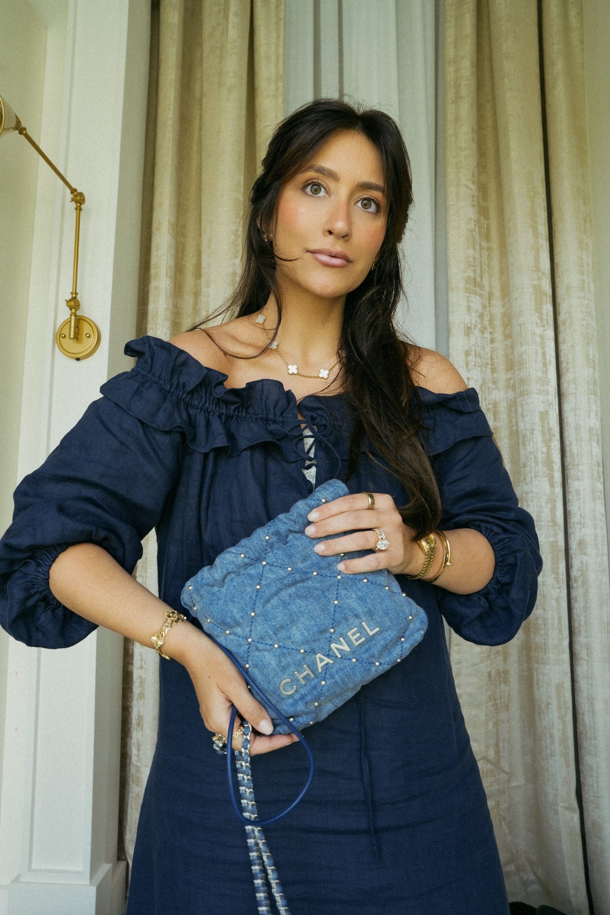 Blue Denim Quilted Studded Mini 22 Hobo Bag Aged Silver Hardware