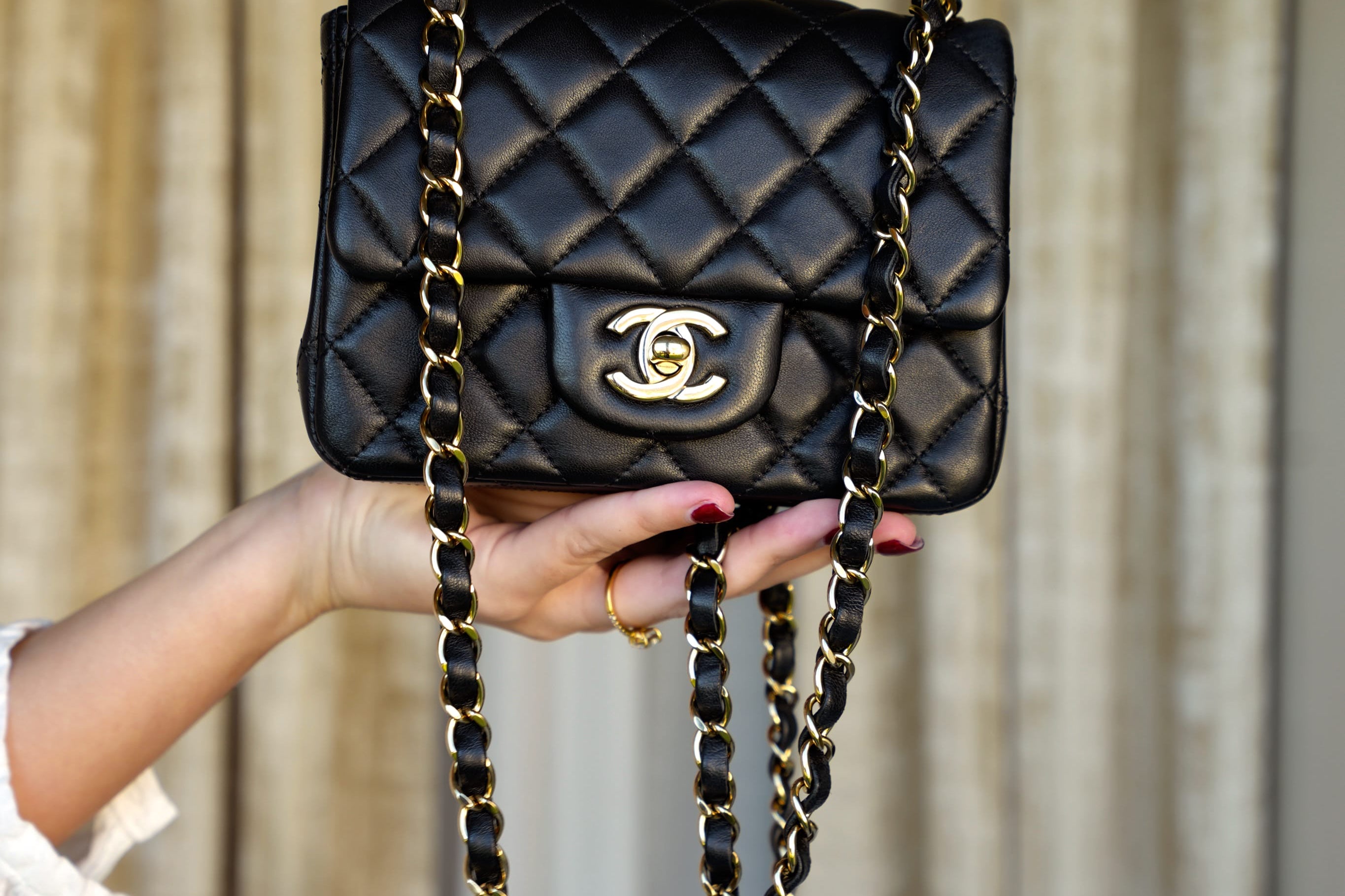 Product image 8 of 21: Black Lambskin Quilted Square Flap Mini Light Gold Hardware