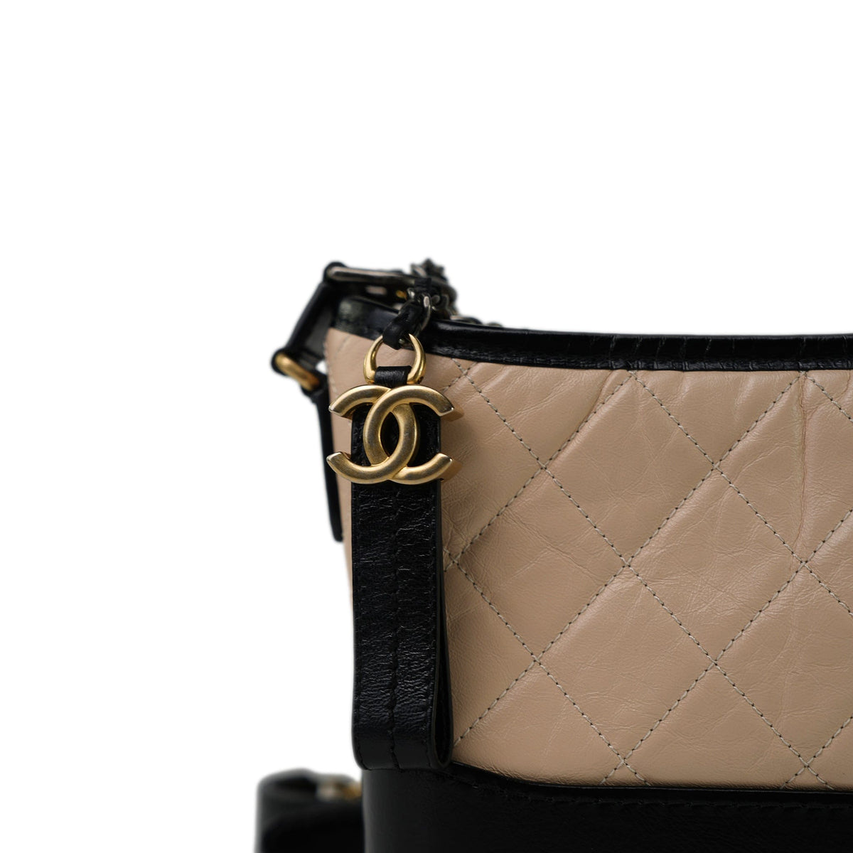 Beige Black Aged Calfskin Quilted Gabrielle Hobo Bag Mixed Hardware