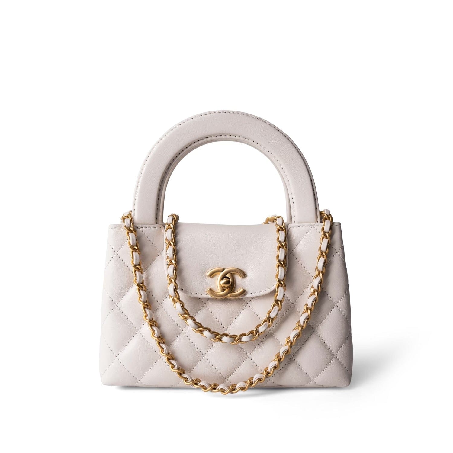 24P Shiny Aged Calfskin Quilted Nano Kelly Shopper White
