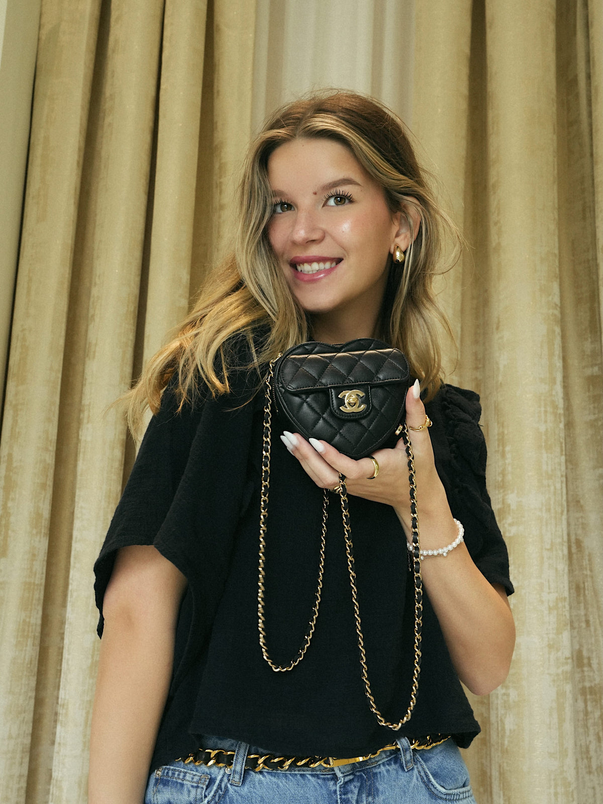 22S CC In Love Black Lambskin Quilted Small (Clutch on Chain) Heart Bag LGHW