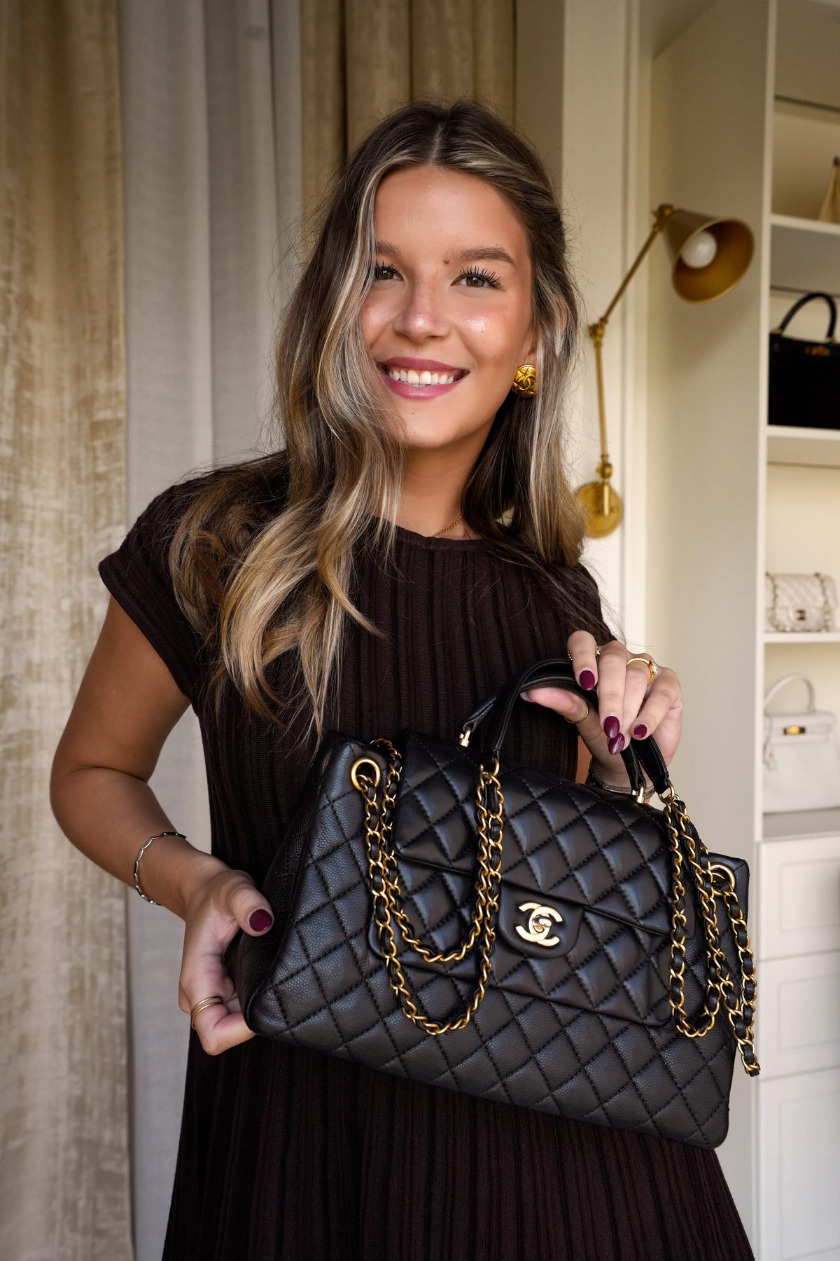 Black Caviar/Lambskin Mini Top Handle Tote Aged Gold Hardware