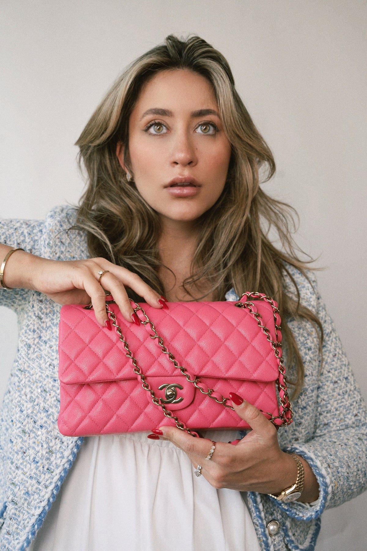 23S Pink Caviar Quilted Classic Flap Medium Light Gold Hardware