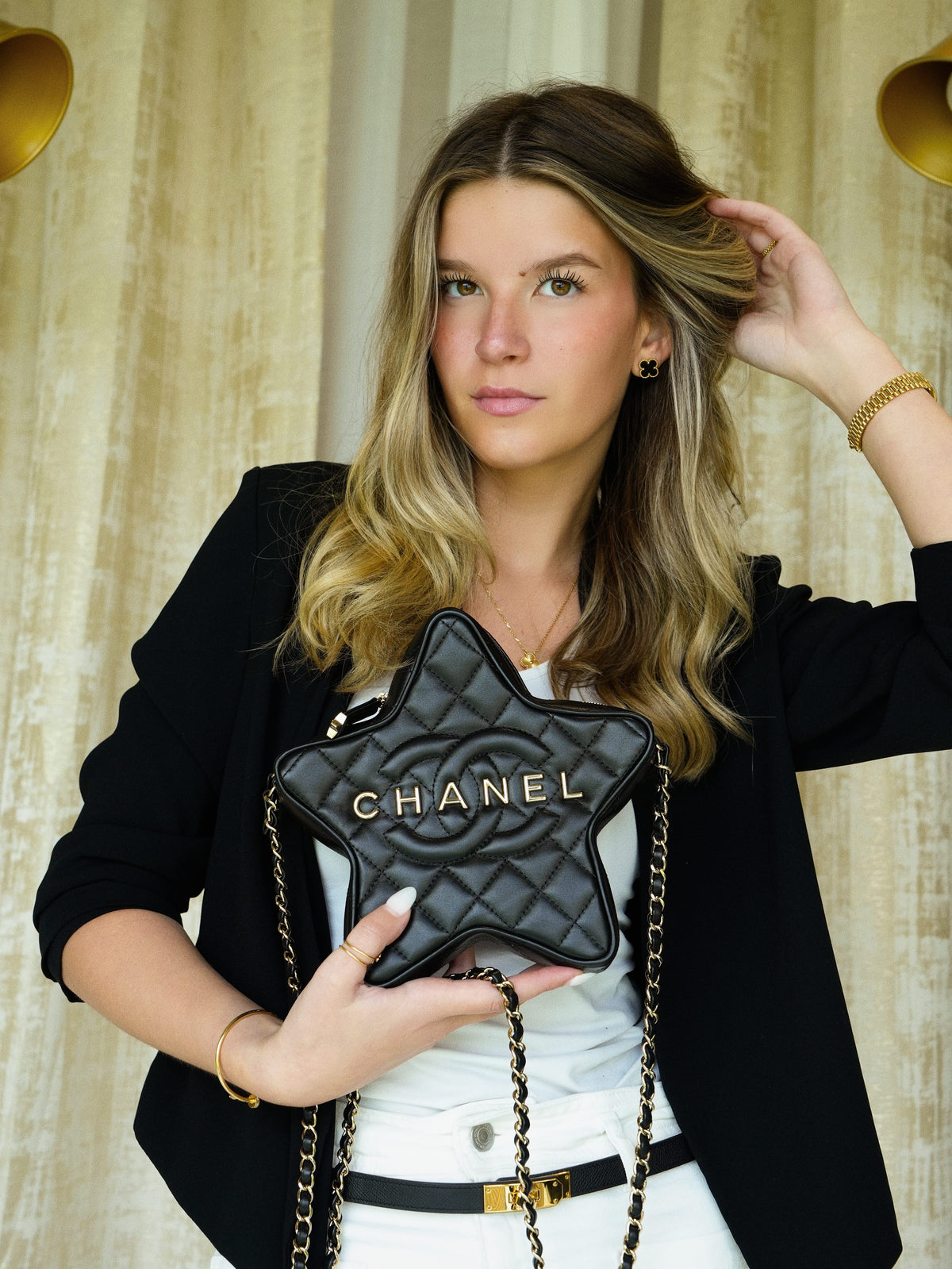 24C Black Lambskin Quilted Star Bag Light Gold Hardware