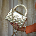 Product image 10 of 17: Gold Metallic Crumpled Calfskin Quilted Kelly Shopper Small Aged Gold Hardware