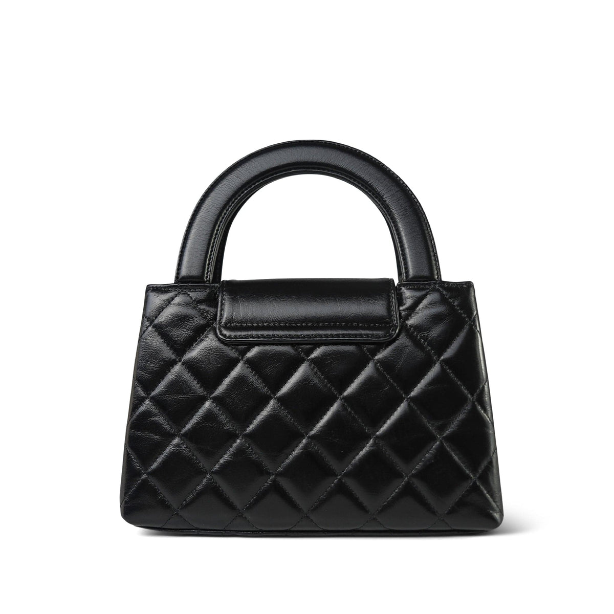 23K Black Shiny Aged Calfskin Quilted Mini Kelly Shopper Aged Gold Hardware